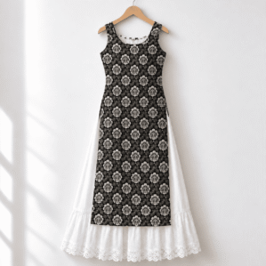 monochrome floral kurti with lace skirt (1)